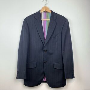 Etro Blazer Striped Sz 48 Navy Wool Silk Lining Italy 2 Buttons Classic Elegant